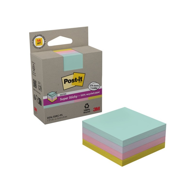 Foglietti riposizionabili Post-it® Super Sticky in carta riciclata 76x76 mm - giallo, rosa, menta, lilla - cubo 276 ff