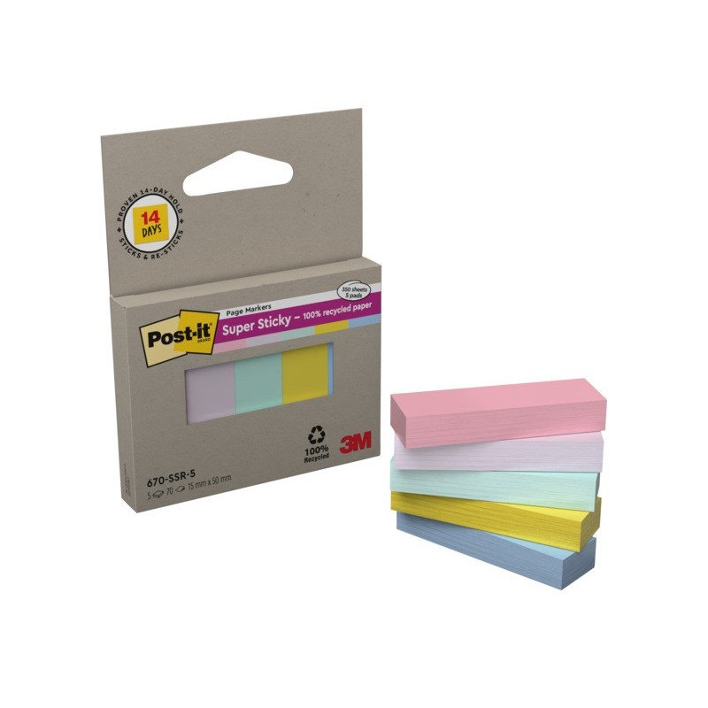 Segnapagina Post-it® Super Sticky in carta riciclata 15x50 mm - colori assortiti - conf. 5 index/70 ff
