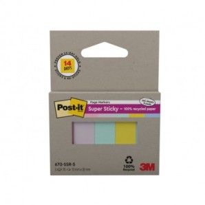 Segnapagina Post-it® Super Sticky in carta riciclata 15x50 mm - colori assortiti - conf. 5 index/70 ff