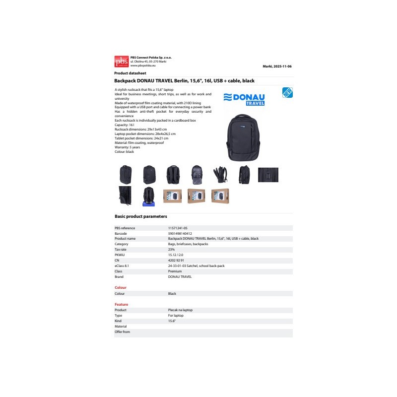 Zaino per laptop Donau Travel modello Berlin - porta USB integrata - fino a 15,6'' - 16 L colore nero - 11571241-05