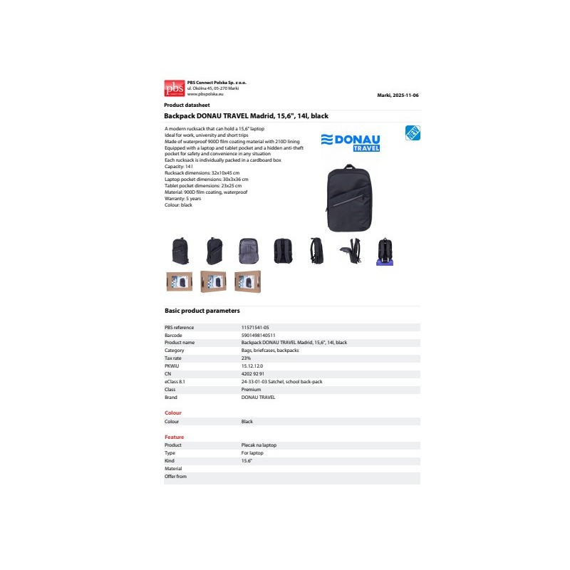Zaino per laptop Donau Travel modello Madrid - fino a 15,6'' - 14 L colore nero 11571541-05