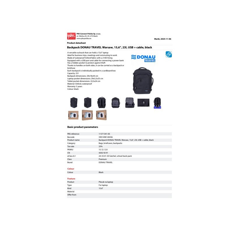 Zaino per laptop Donau Travel modello Warsaw - porta USB integrata - fino a 15,6'' - 23 L colore nero - 11571341-05