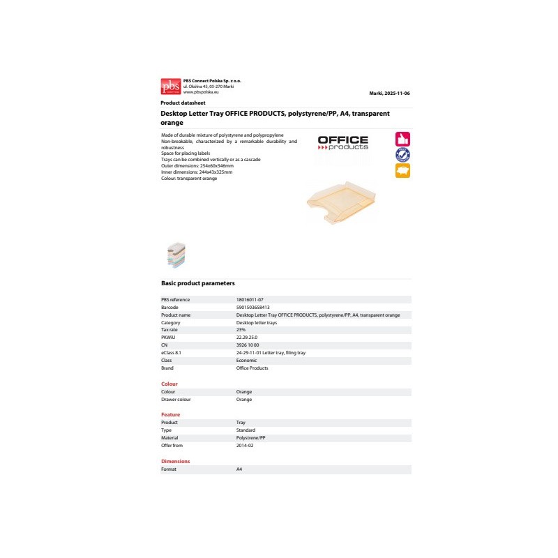 Vaschetta portacorrispondenza da scrivania Office Products in PP A4 - trasparente arancione - 18016011-07