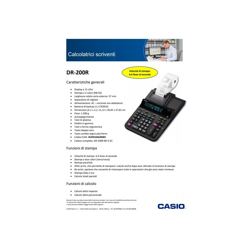 Calcolatrice scrivente Casio display 12 cifre - alimentatore incluso - nero DR-200R-BK-E-EC