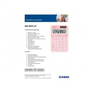 Calcolatrice da tavolo Casio solare o a batteria - display 12 cifre - rosa MS-20YC-LP-W-EP
