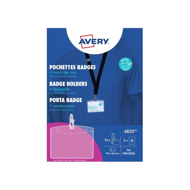 Kit porta badge trasparente 60x90 mm + 10 cordoncini neri con gancio + 16 inserti microperforati stampabili Avery