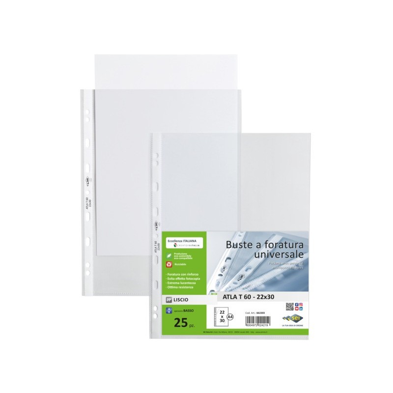 Buste a perforazione universale Sei Rota Atla 22x30 cm in PP basso spessore - finitura liscia - conf. 25 pz - 662203
