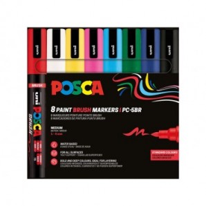 Marcatore a tempera Uni Posca con punta a pennello semi-flessibile 1-4 mm in conf. da 8 colori assortiti - M PC5BR 8P
