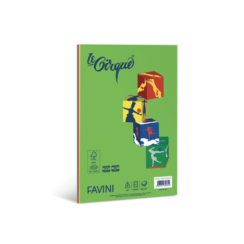 Carta colorata Favini Le Cirque Mix A4 80 g/m² risma da 100 fogli in 5 colori forti assortiti - A71X124