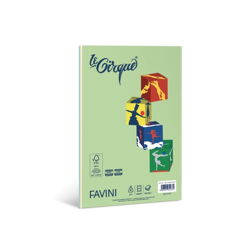 Carta colorata Favini Le Cirque Mix A4 80 g/m² risma da 100 fogli in 5 colori tenui assortiti - A71X134
