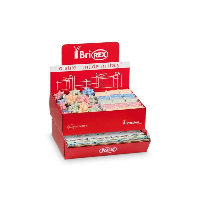 Espositore 100 fogli carta regalo raso + 50 stelle + 30 rocchetti Bri Rex fantasia papaveri e fiordalisi -
