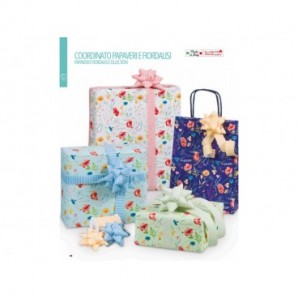 Espositore 100 fogli carta regalo raso + 50 stelle + 30 rocchetti Bri Rex fantasia papaveri e fiordalisi -