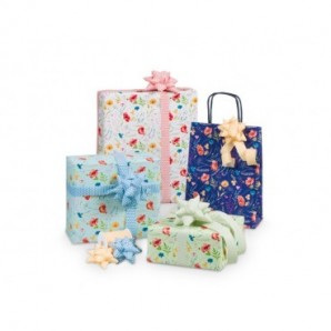 Espositore 100 fogli carta regalo raso + 50 stelle + 30 rocchetti Bri Rex fantasia papaveri e fiordalisi -