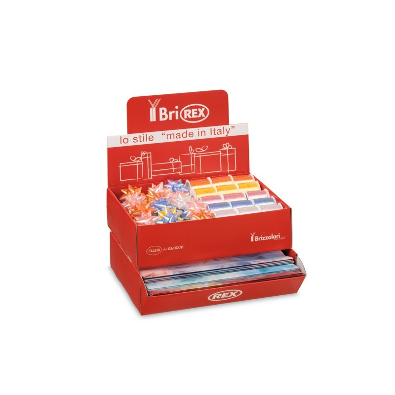 Espositore 100 fogli carta regalo raso + 50 stelle + 30 rocchetti Bri Rex fantasia velo - RASOCOORD34G