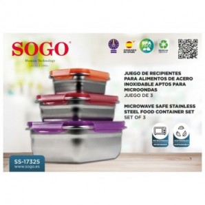 Contenitori per alimenti in acciaio inossidabile adatti a microonde Sogo set 3pz 14x8 cm-16x8.5 cm-18x9.5 cm -