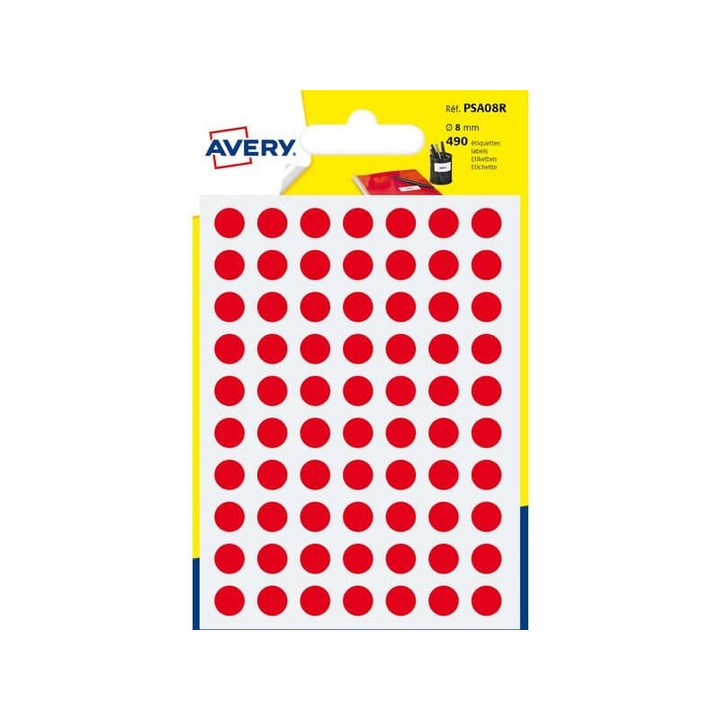 Etichette rotonde colorate AVERY rosso Ø 8 mm 7 fogli - PSA08R_160248