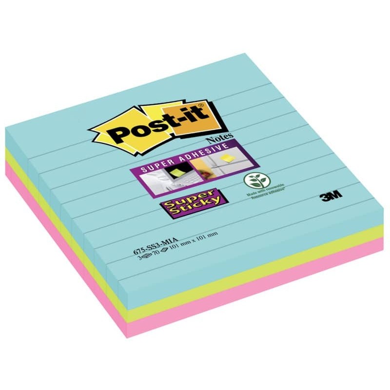 Foglietti riposizionabili Post-it® Super Sticky Miami a righe assortiti conf. 3 blocchetti da 70 ff - 675-3SSMIA_159972