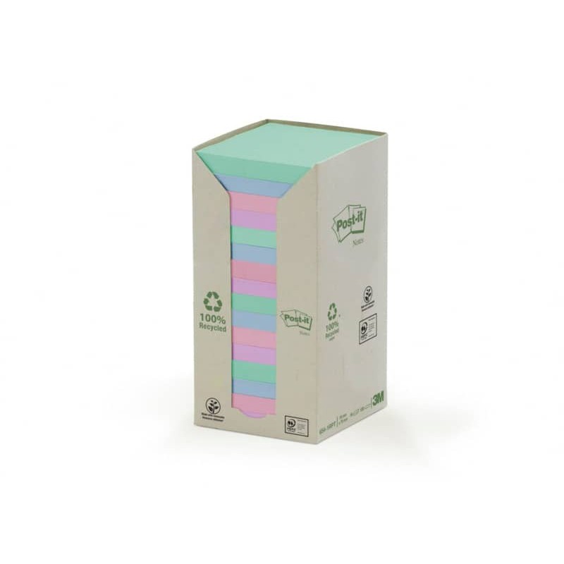 Foglietti Post-it® Notes carta riciclata 76x76mm assort pastello Torre da 16 blocchetti da 100 ff - 654-1RPT_766732