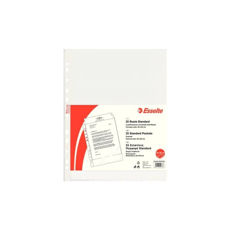 Buste a perforazione universale goffrate Esselte STANDARD PP antiriflesso 22x30 cm conf.25 - 392597300_185689