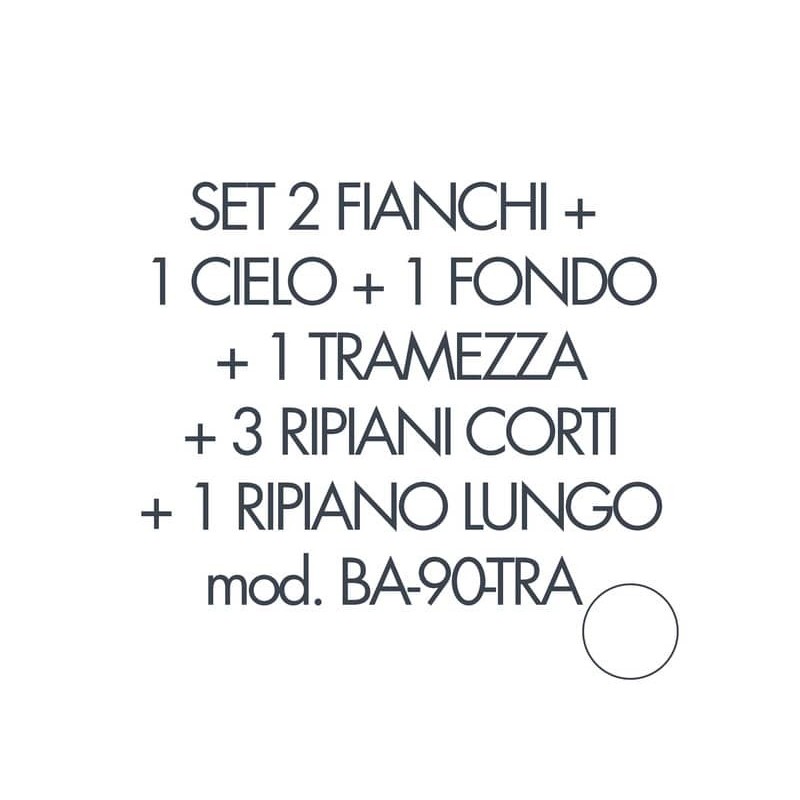 Set 2 fianchi+1 cielo+1 fondo+1 tramezza +3 piani corti+1 piano lungo per armadio