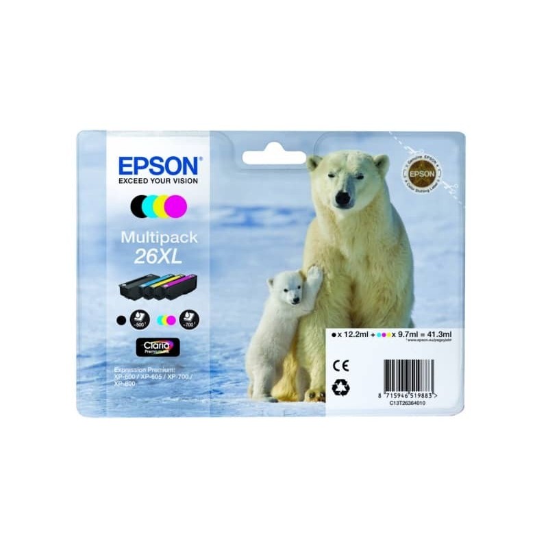 Cartucce inkjet alta resa Orso polare 26XL Epson n+c+m+g Conf. 4 - C13T26364010_140383