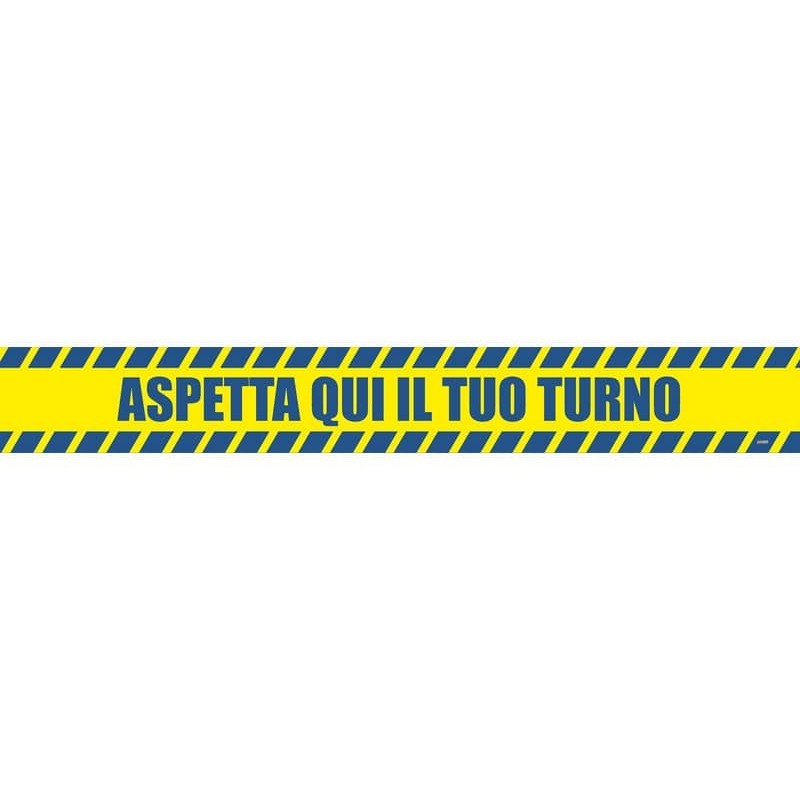 Adesivo segnaletico calpestabile Markin \\"Aspetta qui il tuo turno\\" in PVC 98x8,5 cm - Conf. 2 pezzi - X290COV-10